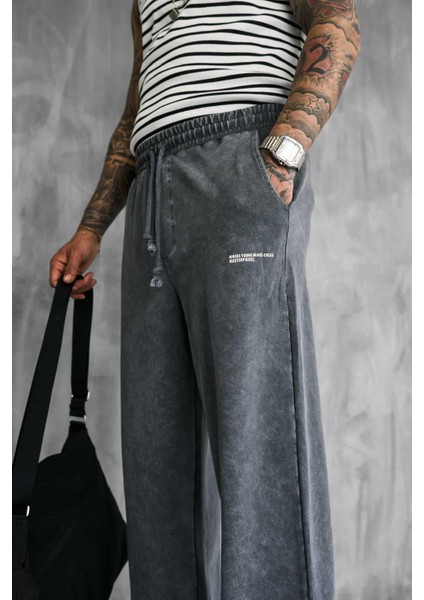 Erkek Baskılı Yıkamalı Baggy Fit Eşofman Füme