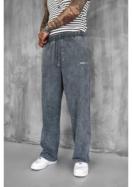Erkek Baskılı Yıkamalı Baggy Fit Eşofman Füme