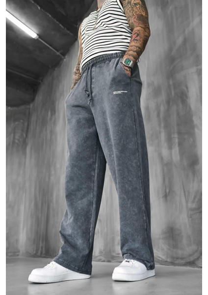 Erkek Baskılı Yıkamalı Baggy Fit Eşofman Füme
