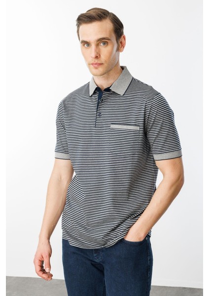 Erkek Polo Yaka Çizgili %100 Pamuk T-Shirt Gri