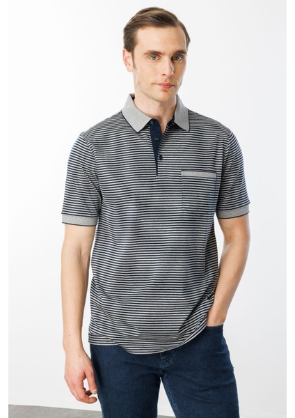 Erkek Polo Yaka Çizgili %100 Pamuk T-Shirt Gri fırsatları