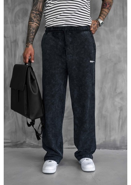Erkek Baskılı Yıkamalı Baggy Fit Eşofman Siyah
