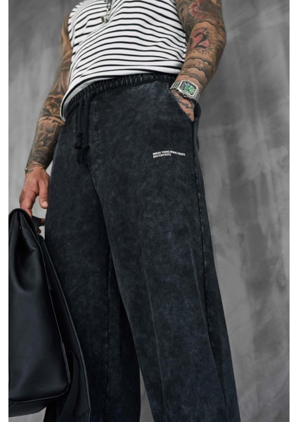 Erkek Baskılı Yıkamalı Baggy Fit Eşofman Siyah