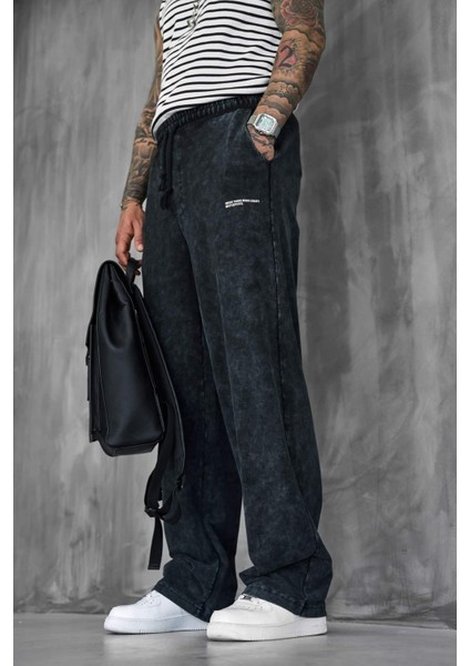 Erkek Baskılı Yıkamalı Baggy Fit Eşofman Siyah