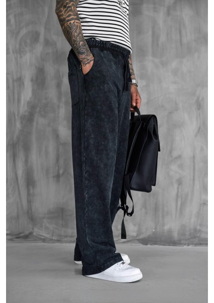 Erkek Baskılı Yıkamalı Baggy Fit Eşofman Siyah