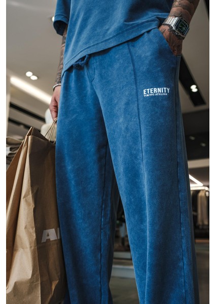 Erkek Baggy Fit Yıkamalı Eşofman Mavi