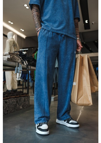 Erkek Baggy Fit Yıkamalı Eşofman Mavi