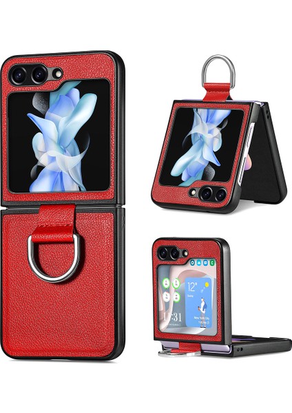 Samsung Galaxy Z Flip5 5g Kickstand Telefon Kılıfı Litchi Doku Deri + Sert Pc Koruyucu Kapak (Yurt Dışından)