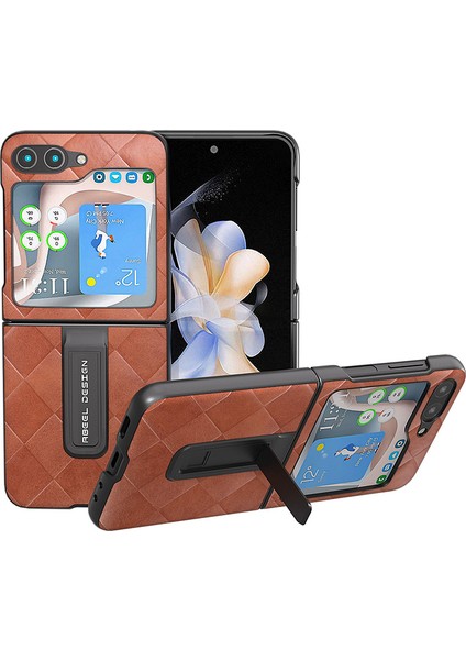 Samsung Galaxy Z Flip5 5g Kickstand Koruyucu Kılıf Pu Deri Kaplamalı Pc Izgara Doku Telefon Kapağı (Yurt Dışından)