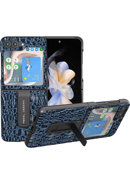 Samsung Galaxy Z Flip5 5g Kickstand Arka Kapak Inek Deri + Pc Gölgelik Doku Telefon Kılıfı (Yurt Dışından)