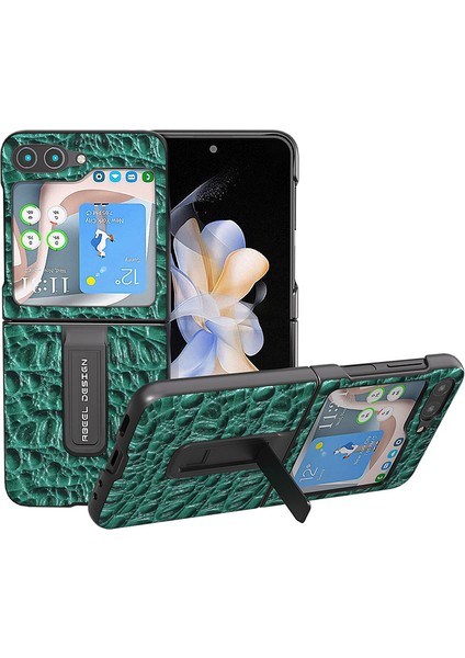 Samsung Galaxy Z Flip5 5g Kickstand Arka Kapak Inek Deri + Pc Gölgelik Doku Telefon Kılıfı (Yurt Dışından)