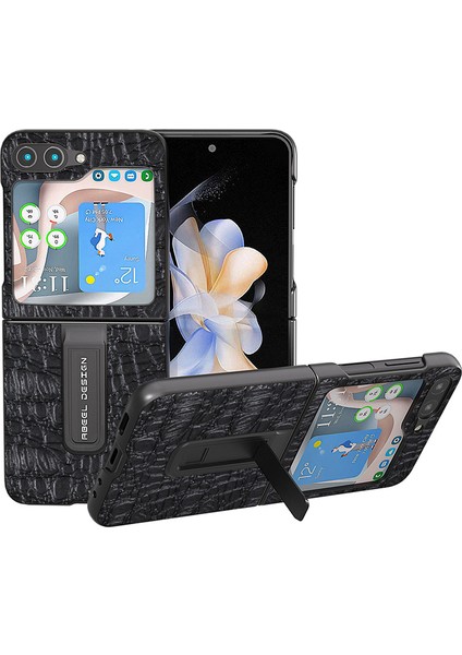 Samsung Galaxy Z Flip5 5g Kickstand Arka Kapak Inek Deri + Pc Gölgelik Doku Telefon Kılıfı (Yurt Dışından)