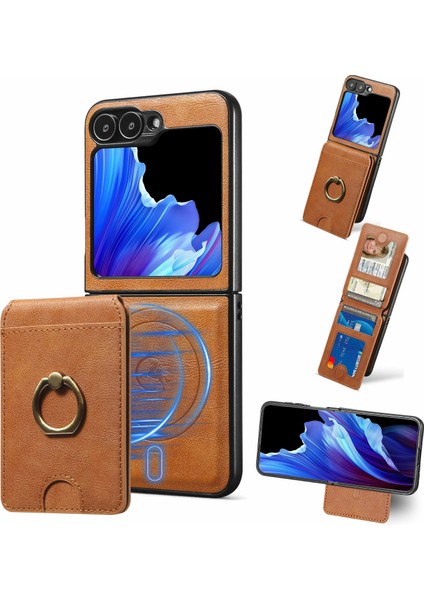 Samsung Galaxy Z Flip5 5g Manyetik Kılıf Pc + Çıkarılabilir Kart Tutucu ile Pu Telefon Arka Kapak (Yurt Dışından)