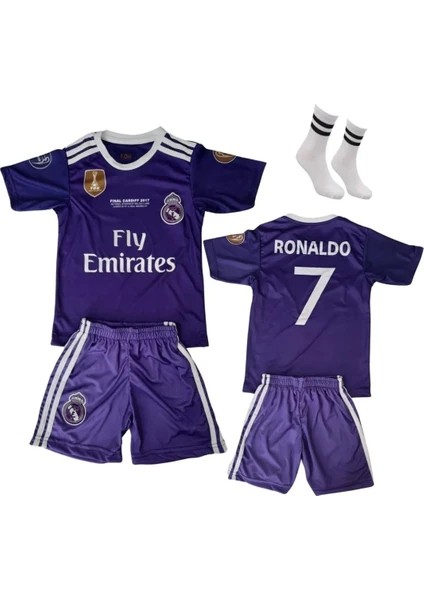Cristiano Ronaldo 2017 Cardif Ligi Mor Çocuk Forma Takımı 4'lü Set Çorap+Bileklik Hediyeli