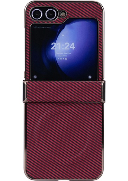 Samsung Galaxy Z Flip5 5g Menteşe Koruma Karbon Fiber Doku Deri + Pc Galvanik Telefon Kapağı (Yurt Dışından)