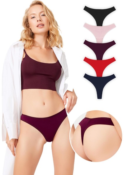 Basic Pamuklu Dantel Detaylı Kadın Tanga 5'li Paket Külot