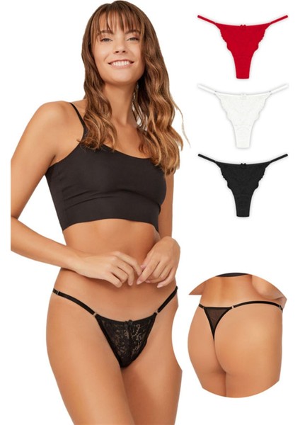 Önü Dantelli Tül Detaylı Kadın Tanga 3'lü Paket Külot - 2