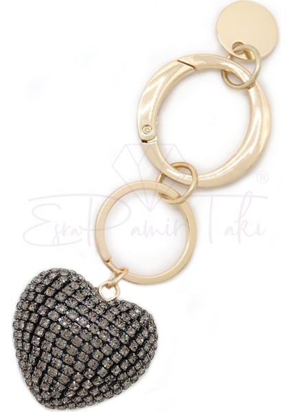 Siyah Renk Taşlı Kalp Anahtarlık ve Çanta Süsü