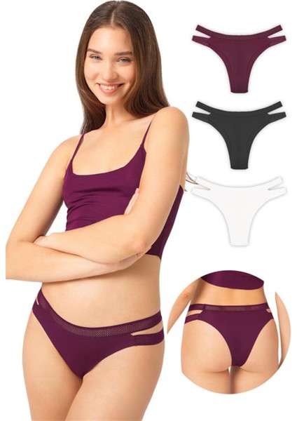 Çift File Lastikli Lazer Kesim Brezilya Külot 3'lü Paket - 6
