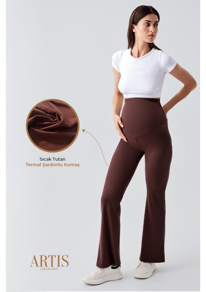 Fitilli Termal Şardonlu Sıcak Tutan Esnek Beli Ayarlanabilir Kışlık Ispanyol Paça Hamile Tayt F15