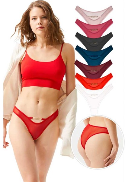 Tüllü Transparan Zincir Detaylı Kadın Brezilya Külot 7'li Paket