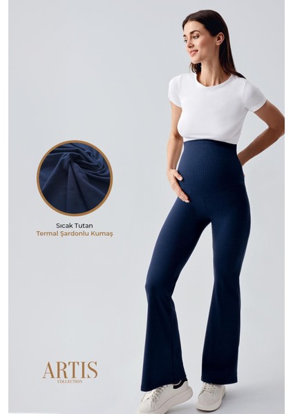Fitilli Termal Şardonlu Sıcak Tutan Esnek Beli Ayarlanabilir Kışlık Ispanyol Paça Hamile Tayt F15