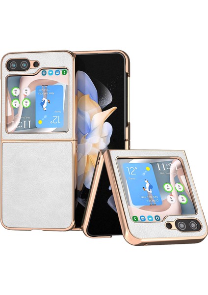 Samsung Galaxy Z Flip5 5g Pu Deri + Pc Litchi Doku Kılıf Nano Galvanik Telefon Kapağı (Yurt Dışından)