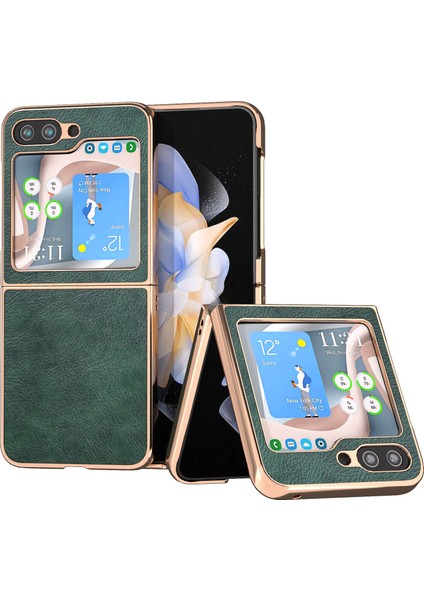 Samsung Galaxy Z Flip5 5g Pu Deri + Pc Litchi Doku Kılıf Nano Galvanik Telefon Kapağı (Yurt Dışından)