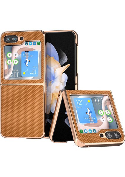 Samsung Galaxy Z Flip5 5g Karbon Fiber Doku Telefon Kılıfı Pu Deri + Pc Galvanik Kapak (Yurt Dışından)