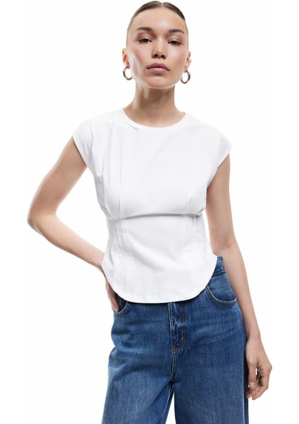 Bisiklet Yaka Korse Detaylı Slim Fit Kolsuz Crop Tişört