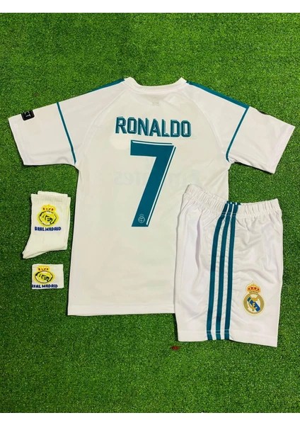 2017/18 Beyaz Ş-Ligi Ronaldo Reaal.madridd. Çocuk Alt-Üst Takım T-Shrt +Şort+Çorap+Bileklik