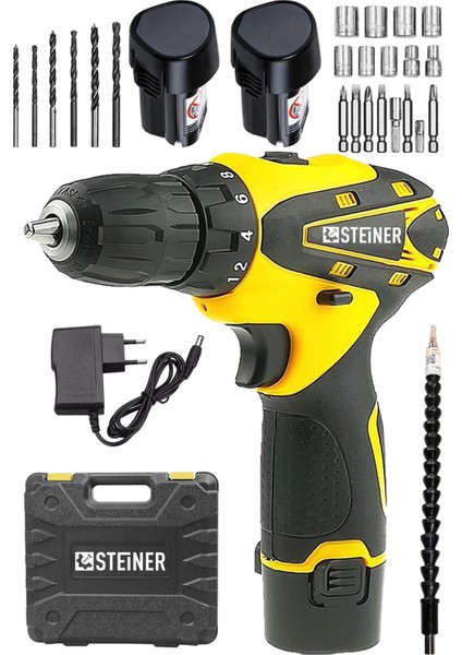 Germany Technology 32 V Darbesiz Metal Şanzıman Çift Akülü Şarjlı Vidalama Matkap Sarı + Set
