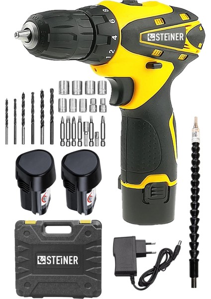 Germany Technology 32 V Darbesiz Metal Şanzıman Çift Akülü Şarjlı Vidalama Matkap Sarı + Set
