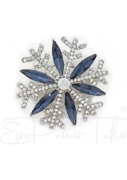 Lacivert Taşlı Gümüş Renk Kar Kristali Broş