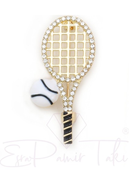 Altın Renk Zirkon Taşlı Tenis Raketi Broş