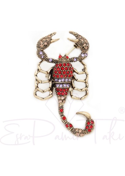 Hareketli Kuyruklu Kırmızı ve Kehribar Renk Zirkon Renk Taşlı Bronz Renk Akrep Broş