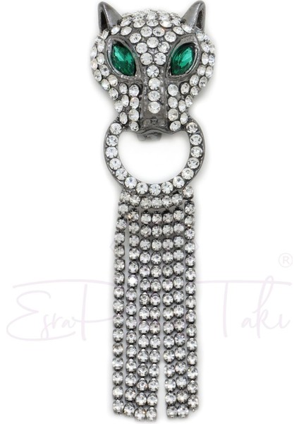 Zirkon Taşlı Gümüş Renk Sallantılı Kaplan Broş