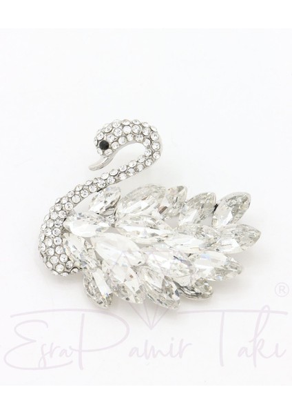 Gümüş Renk Zirkon Taşlı Kuğu Broş