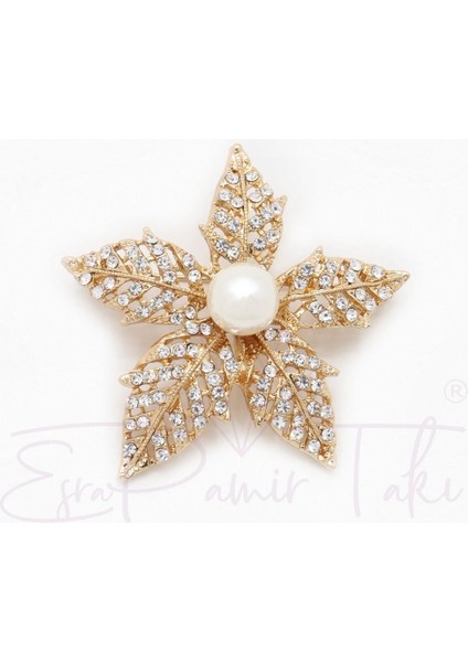 Taşlı Incili Altın Renk Çiçek Broş