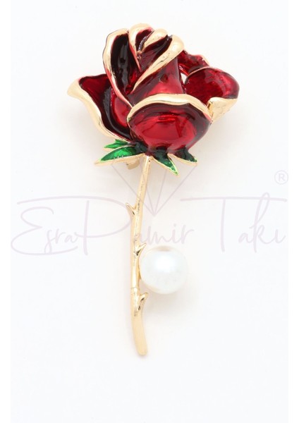 Incili Kırmızı Gül Broş