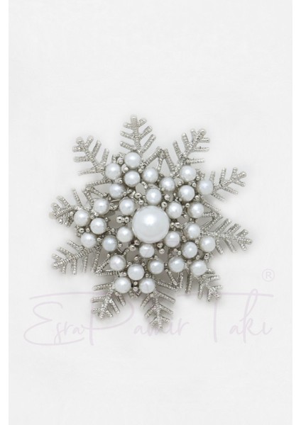 Gümüş Renk Incili Kar Tanesi Broş