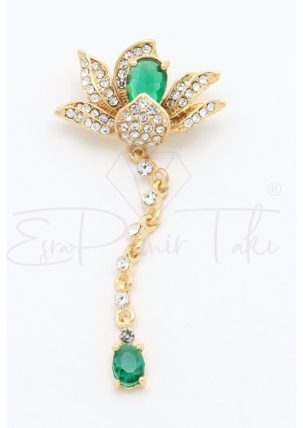 Yeşil Zirkon Taşlı Sallantılı Çiçek Broş