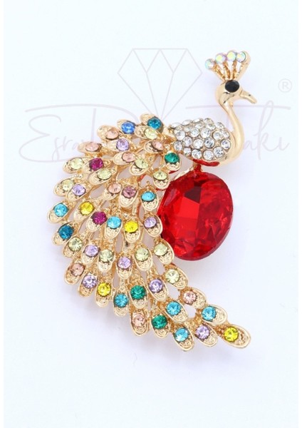 Kırmızı Zirkon Taşlı Tavus Kuşu Broş