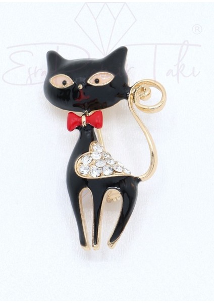 Taşlı Kırmızı Papyonlu Zarif Siyah Kedi Broş