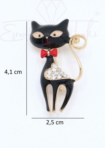Taşlı Kırmızı Papyonlu Zarif Siyah Kedi Broş fiyatları