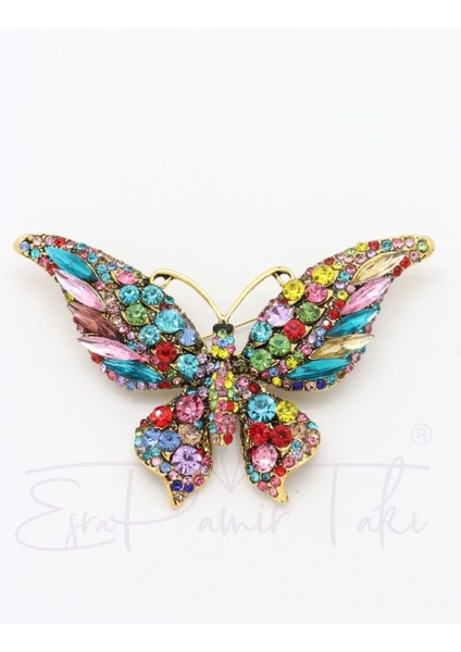 Pembe Turkuaz Kırmızı Sarı Taşlı Kelebek Broş
