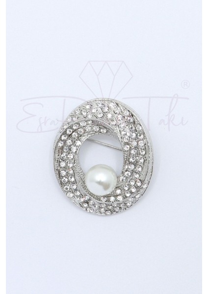 Gümüş Renk Incili Taşlı Broş