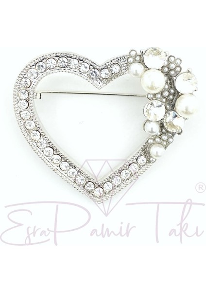 Taşlı Incili Gümüş Renk Kalp Broş