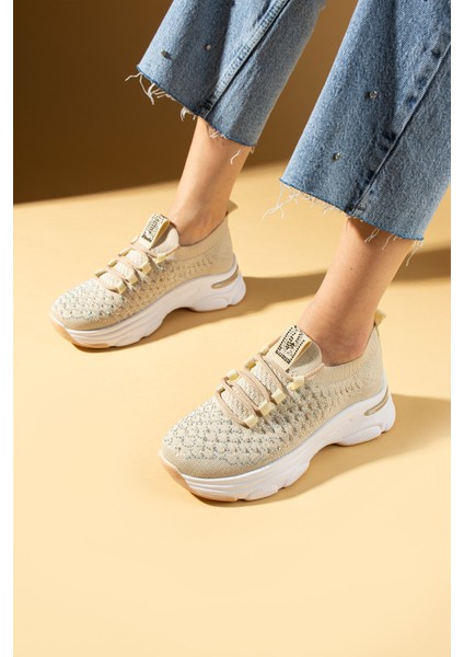Parlak Taş Detaylı Bağcıklı Triko Rahat Taban Kadın Sneakers 36-872-25