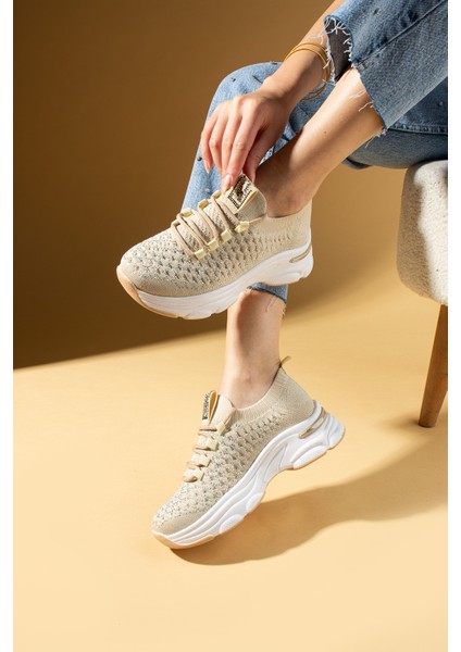 Parlak Taş Detaylı Bağcıklı Triko Rahat Taban Kadın Sneakers 36-872-25 fiyatları